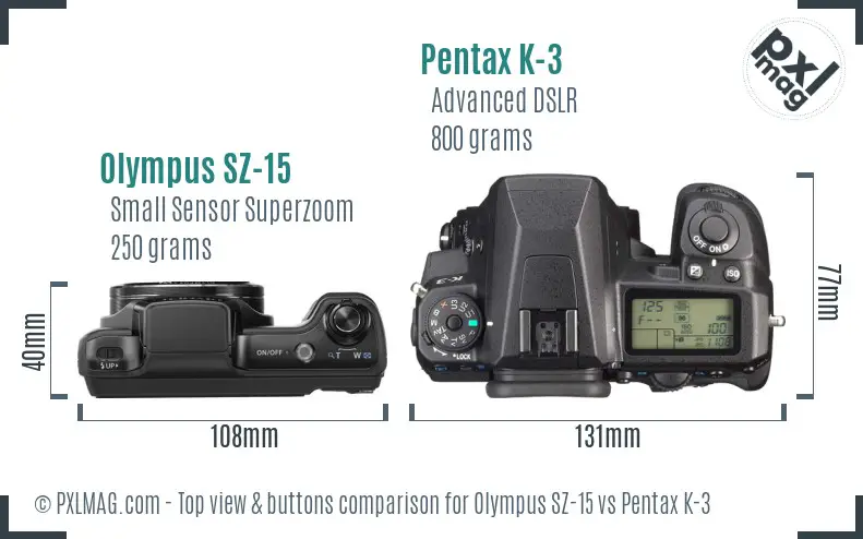 Olympus SZ-15 vs Pentax K-3 top view buttons comparison