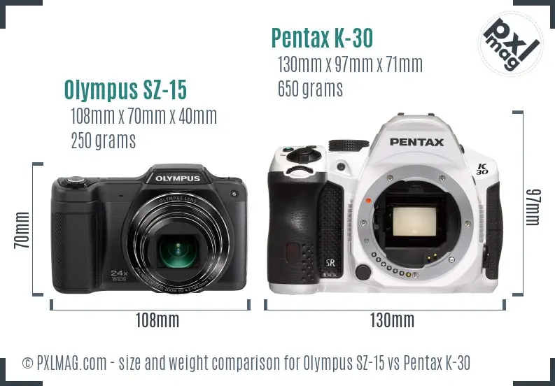 Olympus SZ-15 vs Pentax K-30 size comparison