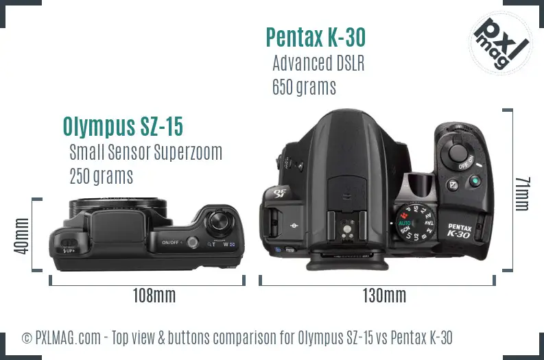 Olympus SZ-15 vs Pentax K-30 top view buttons comparison