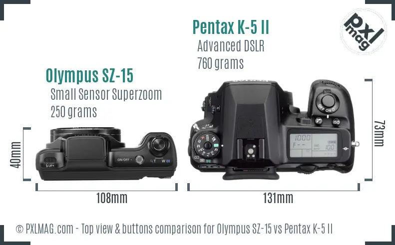 Olympus SZ-15 vs Pentax K-5 II top view buttons comparison