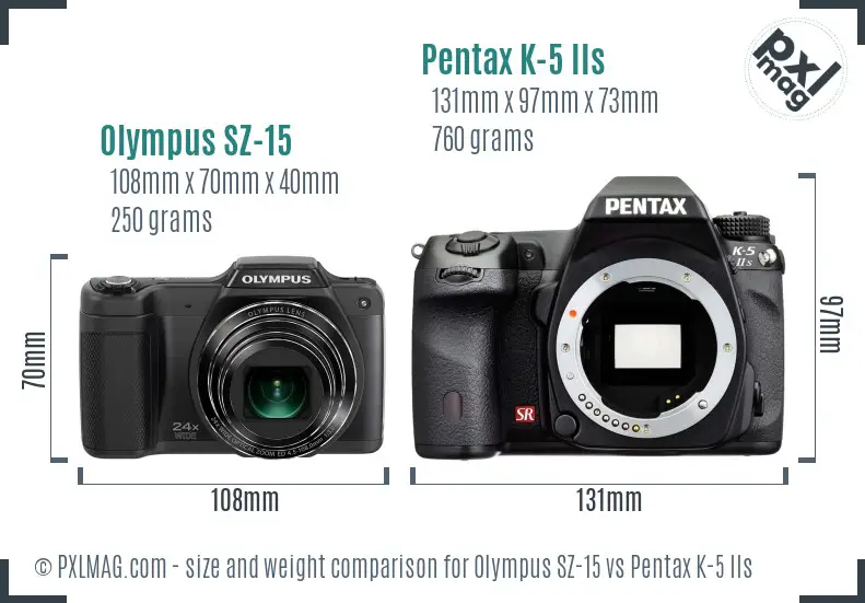 Olympus SZ-15 vs Pentax K-5 IIs size comparison