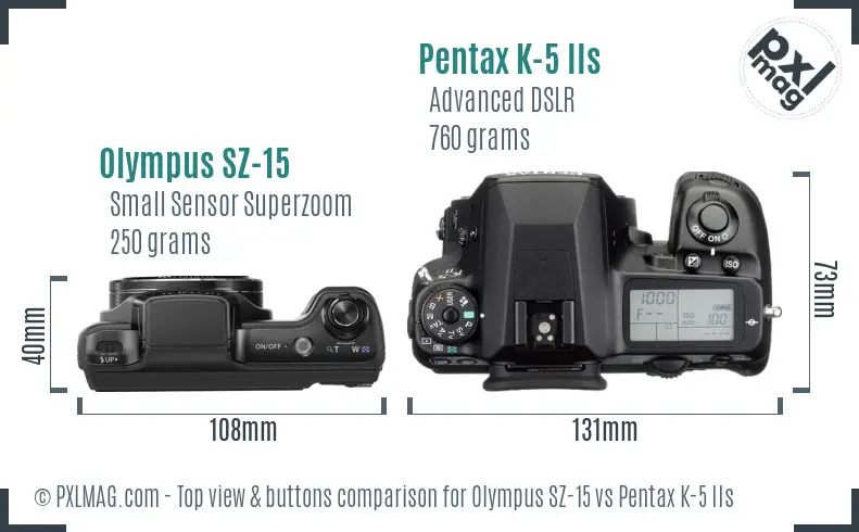 Olympus SZ-15 vs Pentax K-5 IIs top view buttons comparison