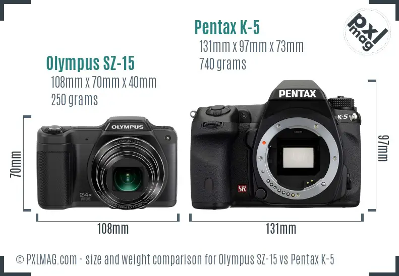 Olympus SZ-15 vs Pentax K-5 size comparison