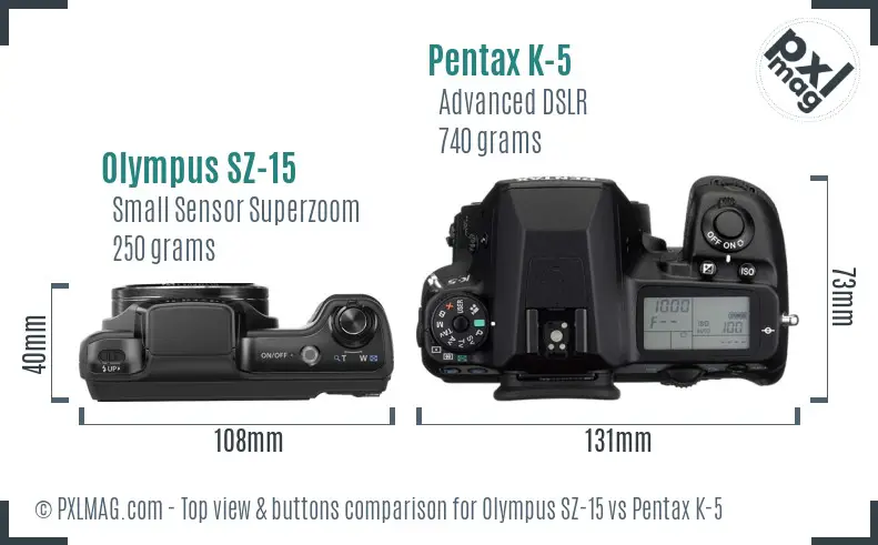 Olympus SZ-15 vs Pentax K-5 top view buttons comparison