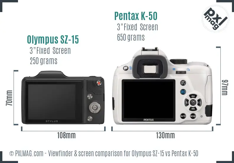Olympus SZ-15 vs Pentax K-50 Screen and Viewfinder comparison