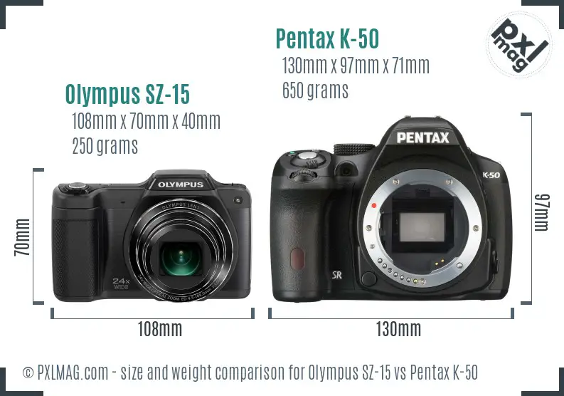 Olympus SZ-15 vs Pentax K-50 size comparison