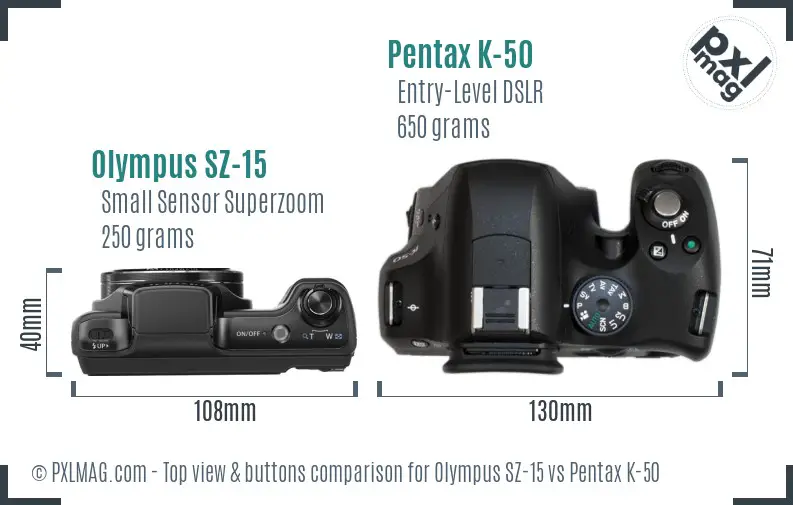 Olympus SZ-15 vs Pentax K-50 top view buttons comparison