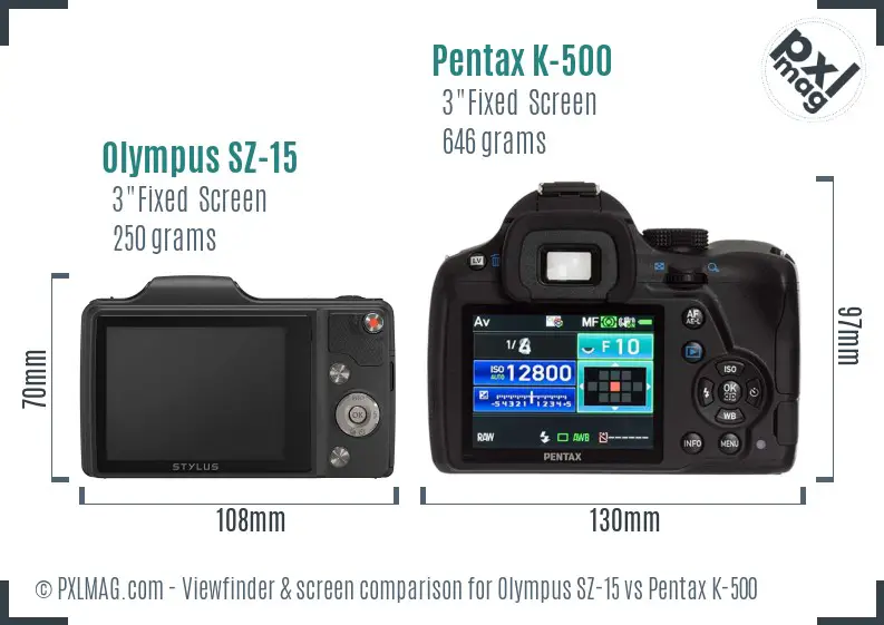 Olympus SZ-15 vs Pentax K-500 Screen and Viewfinder comparison