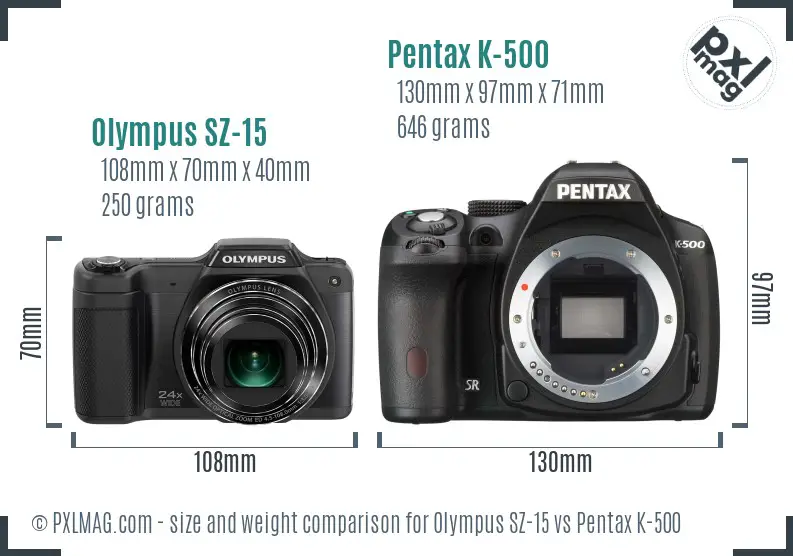 Olympus SZ-15 vs Pentax K-500 size comparison