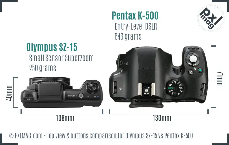 Olympus SZ-15 vs Pentax K-500 top view buttons comparison