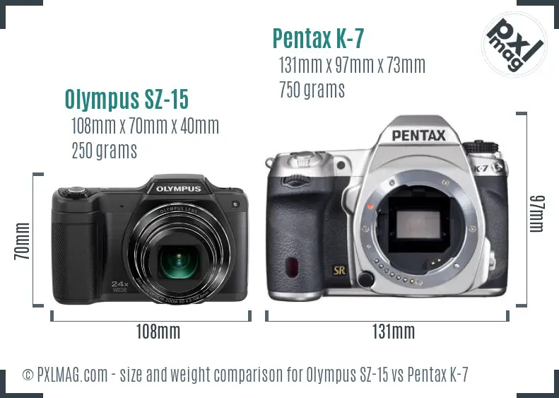Olympus SZ-15 vs Pentax K-7 size comparison
