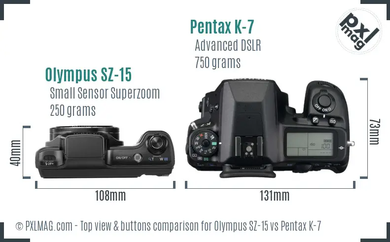 Olympus SZ-15 vs Pentax K-7 top view buttons comparison