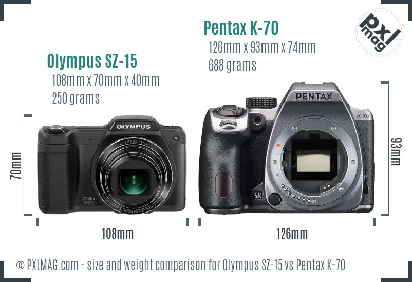 Olympus SZ-15 vs Pentax K-70 size comparison
