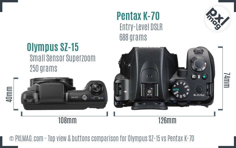Olympus SZ-15 vs Pentax K-70 top view buttons comparison