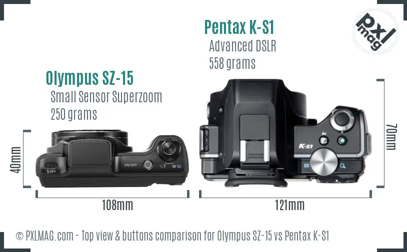 Olympus SZ-15 vs Pentax K-S1 top view buttons comparison