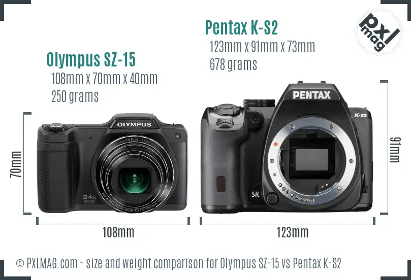 Olympus SZ-15 vs Pentax K-S2 size comparison