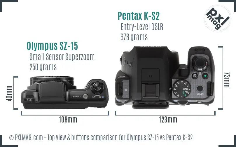 Olympus SZ-15 vs Pentax K-S2 top view buttons comparison