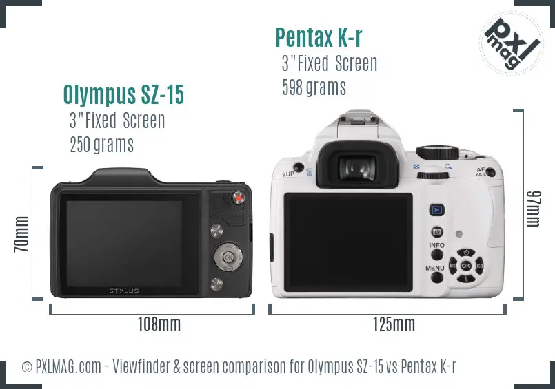 Olympus SZ-15 vs Pentax K-r Screen and Viewfinder comparison