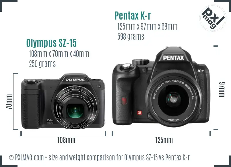 Olympus SZ-15 vs Pentax K-r size comparison