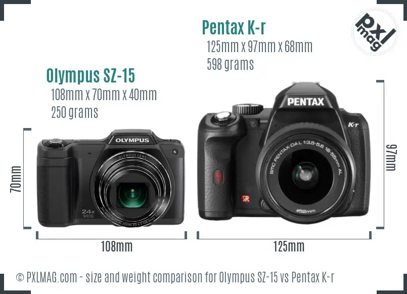 Olympus SZ-15 vs Pentax K-r size comparison Olympus SZ-15 vs Pentax K-r size comparison