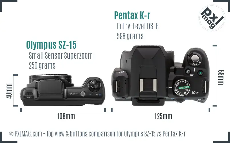 Olympus SZ-15 vs Pentax K-r top view buttons comparison