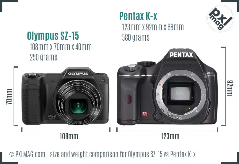 Olympus SZ-15 vs Pentax K-x size comparison