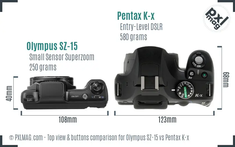 Olympus SZ-15 vs Pentax K-x top view buttons comparison