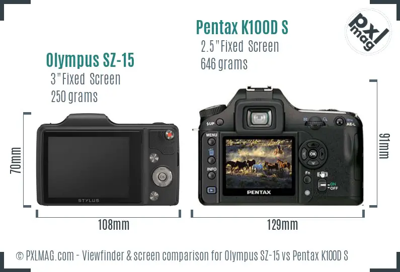 Olympus SZ-15 vs Pentax K100D S Screen and Viewfinder comparison