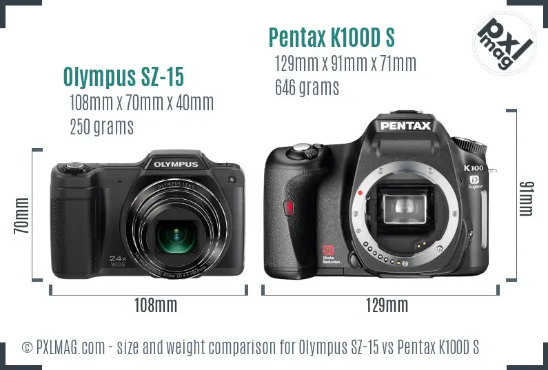 Olympus SZ-15 vs Pentax K100D S size comparison