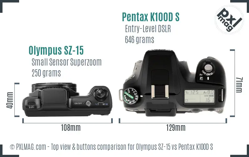 Olympus SZ-15 vs Pentax K100D S top view buttons comparison