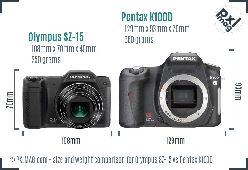 Olympus SZ-15 vs Pentax K100D size comparison