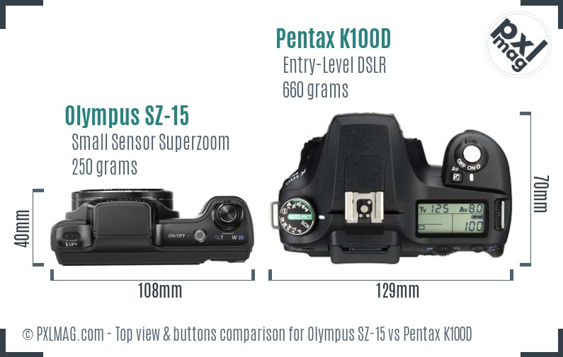 Olympus SZ-15 vs Pentax K100D top view buttons comparison