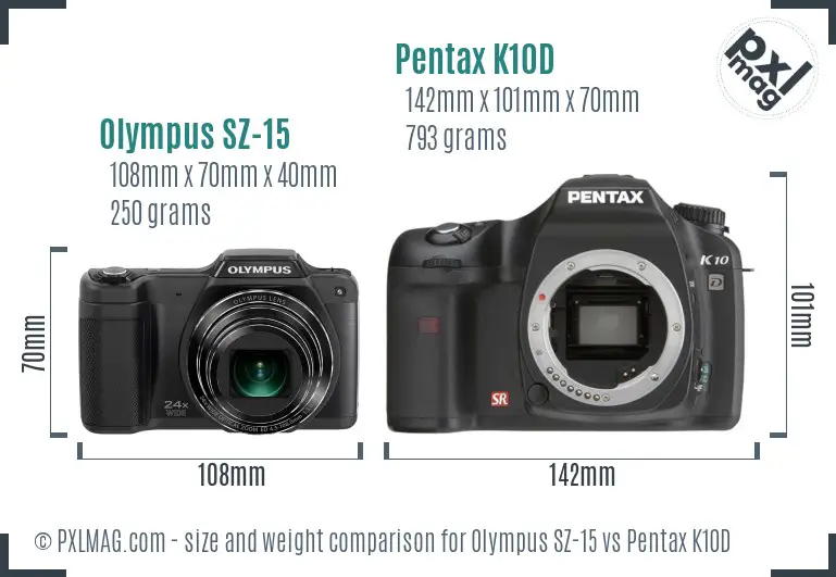 Olympus SZ-15 vs Pentax K10D size comparison