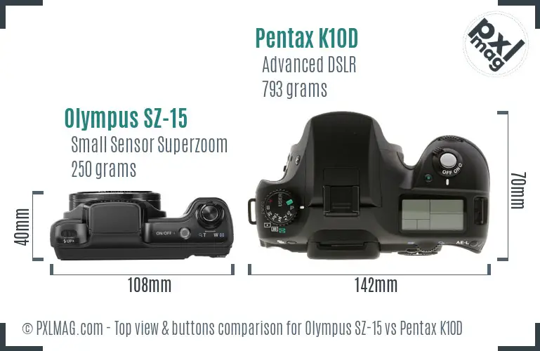 Olympus SZ-15 vs Pentax K10D top view buttons comparison
