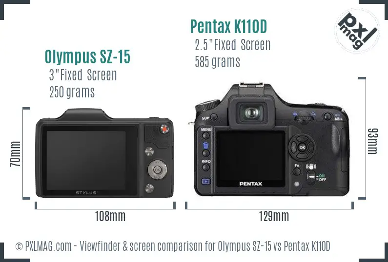 Olympus SZ-15 vs Pentax K110D Screen and Viewfinder comparison