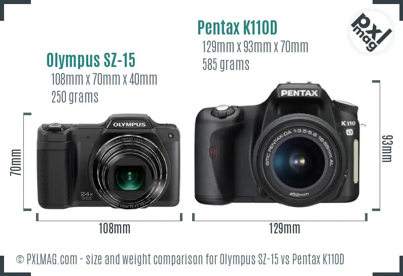 Olympus SZ-15 vs Pentax K110D size comparison