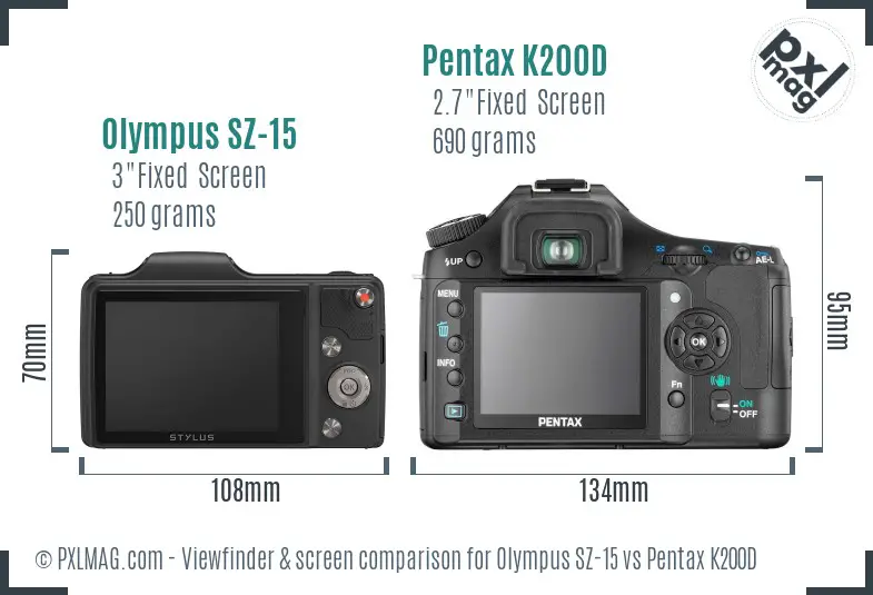 Olympus SZ-15 vs Pentax K200D Screen and Viewfinder comparison