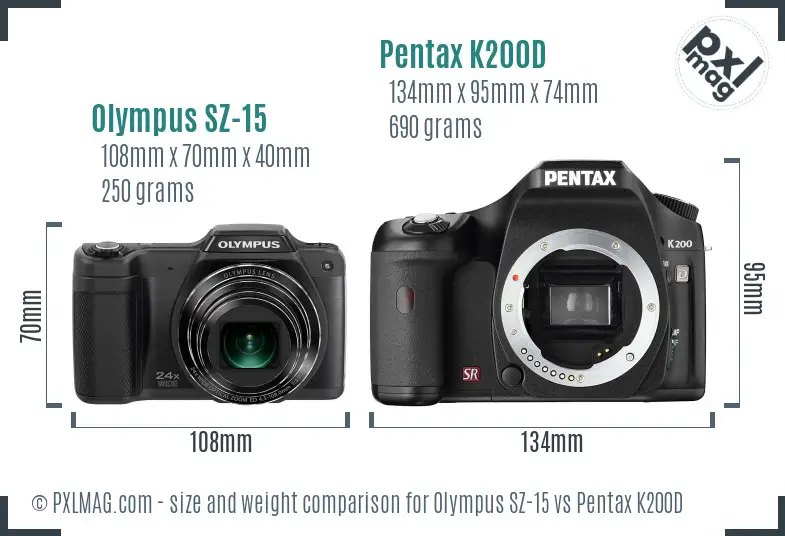 Olympus SZ-15 vs Pentax K200D size comparison