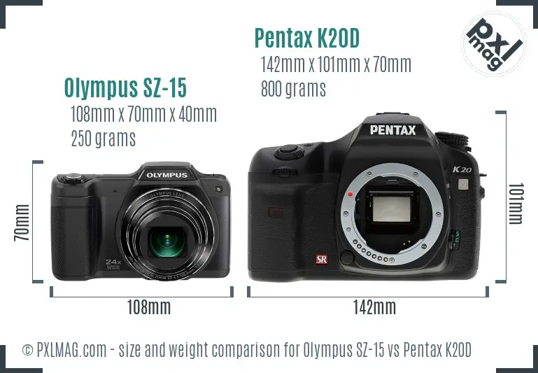 Olympus SZ-15 vs Pentax K20D size comparison