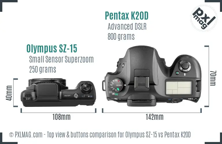 Olympus SZ-15 vs Pentax K20D top view buttons comparison
