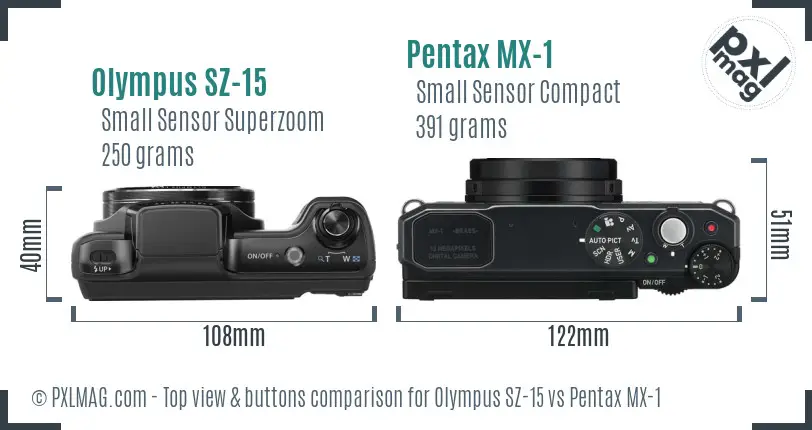 Olympus SZ-15 vs Pentax MX-1 top view buttons comparison