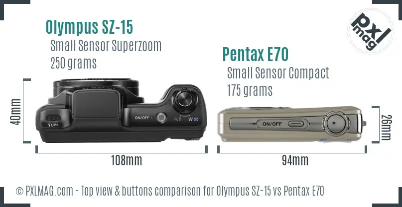 Olympus SZ-15 vs Pentax E70 top view buttons comparison
