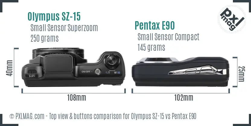 Olympus SZ-15 vs Pentax E90 top view buttons comparison