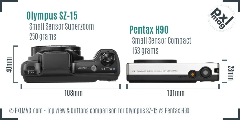 Olympus SZ-15 vs Pentax H90 top view buttons comparison