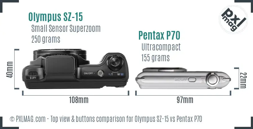 Olympus SZ-15 vs Pentax P70 top view buttons comparison