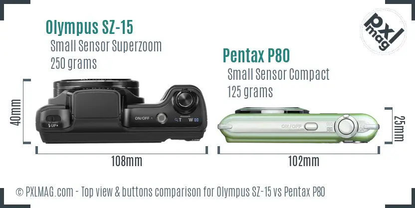 Olympus SZ-15 vs Pentax P80 top view buttons comparison