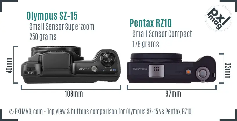 Olympus SZ-15 vs Pentax RZ10 top view buttons comparison