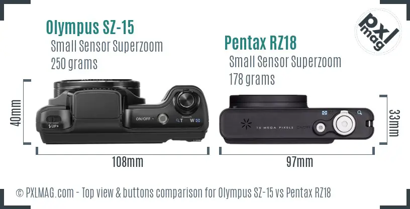 Olympus SZ-15 vs Pentax RZ18 top view buttons comparison