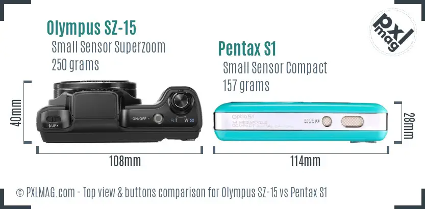 Olympus SZ-15 vs Pentax S1 top view buttons comparison