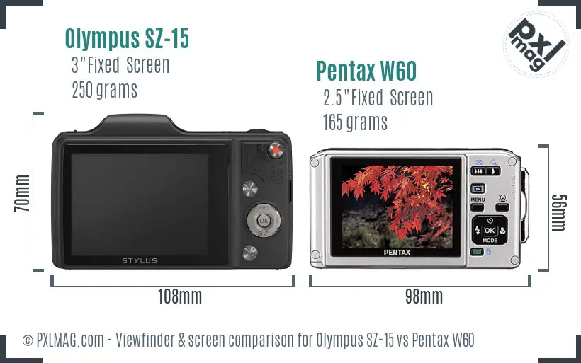 Olympus SZ-15 vs Pentax W60 Screen and Viewfinder comparison